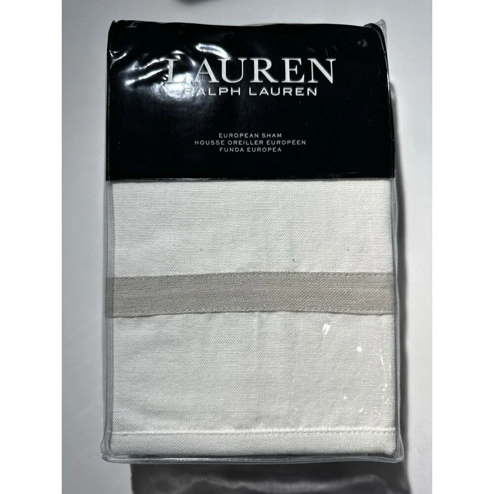 (2) Ralph Lauren CAROLYNE FRAME OFF WHITE GRAY LINEN Euro Shams 26x26 NEW